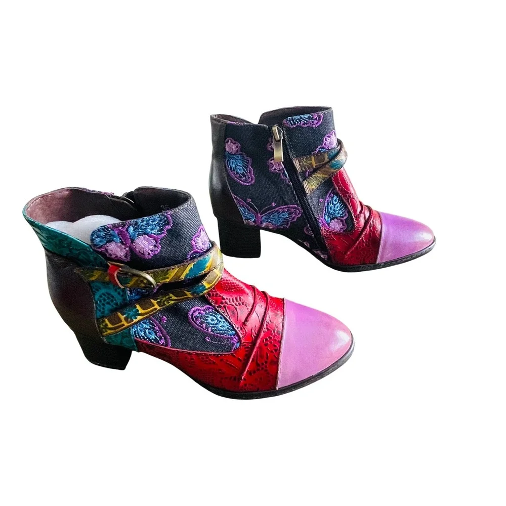 Socofy Patchwork Butterfly Embroidered Ankle‎ Boots Floral Block Heel 36 US 5.5